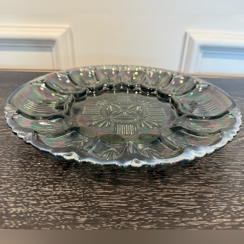 VTG 50s Federal Glass Deviled Egg Platter Georgetown Smoke Iridescent Carnival - Picture 2 of 4